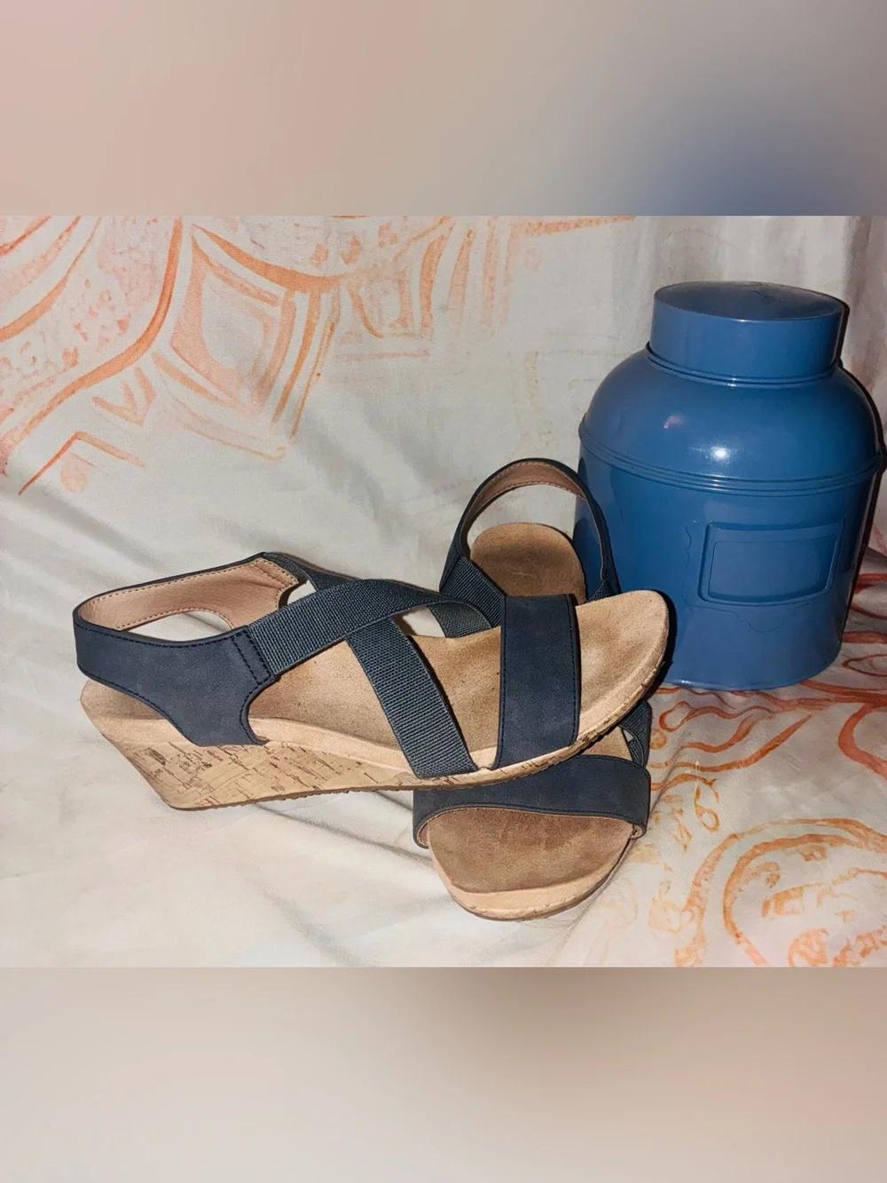 Life Stride-Women's Navy Cork Wedge Sandals - Comfortable Strappy Summer Shoes